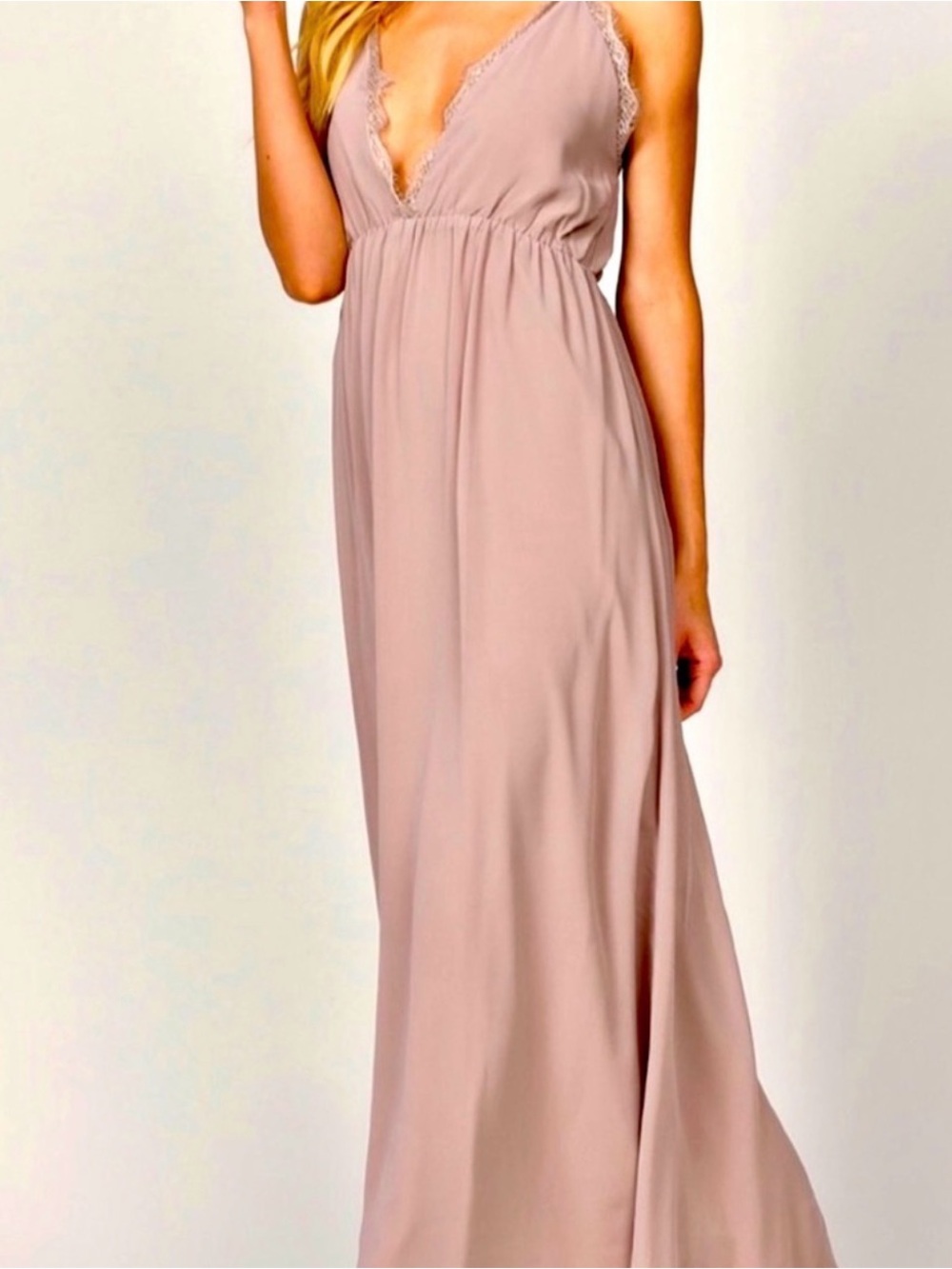 Tobi Blush Lace-Trim V-Neck Maxi Dress
